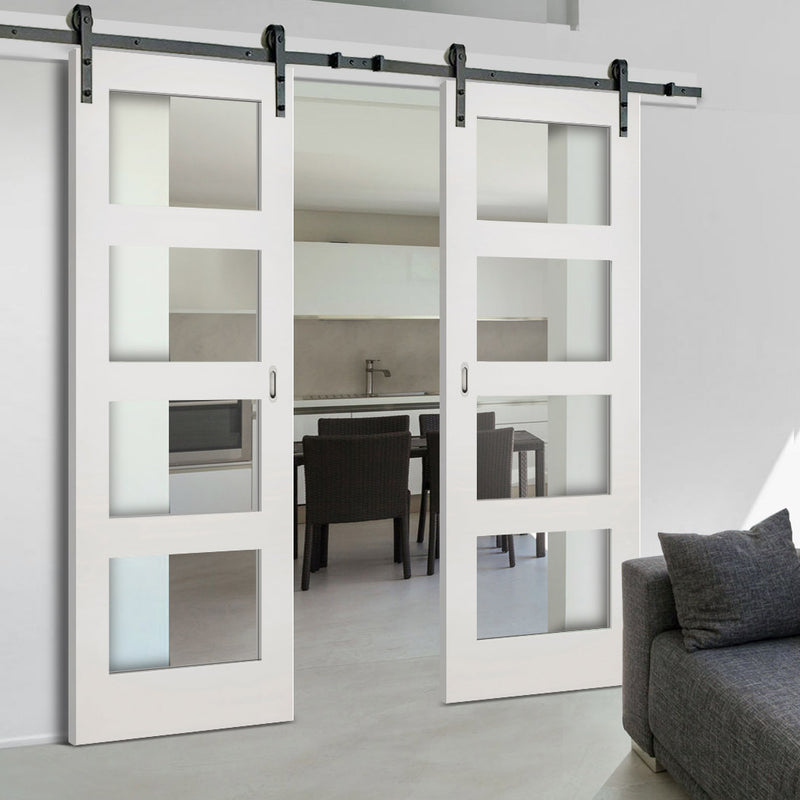 Double Sliding Door & Black Barn Track - Coventry White Primed Shaker Door - Clear Glass