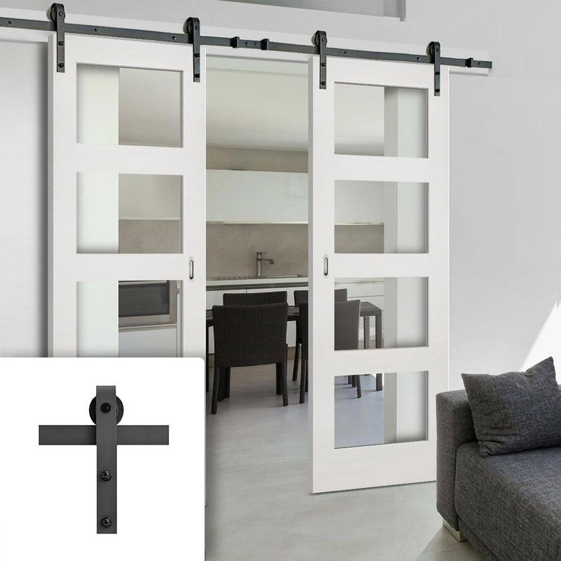 Double Sliding Door & Black Barn Track - Coventry White Primed Shaker Door - Clear Glass