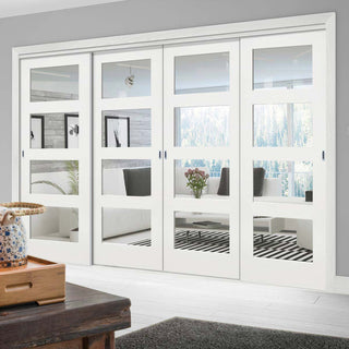 Image: Pass-Easi Four Sliding Doors and Frame Kit - Coventry White Primed Shaker Door - Clear Glass
