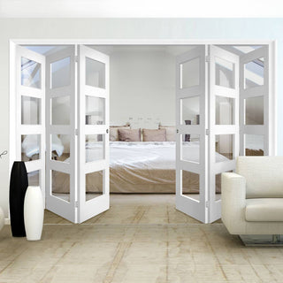 Image: Six Folding Doors & Frame Kit - Coventry Shaker 3+3 - Clear Glass - White Primed