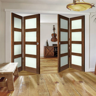 Image: Four Folding Doors & Frame Kit - Coventry Walnut Shaker 2+2 - Frosted Glass - Prefinished