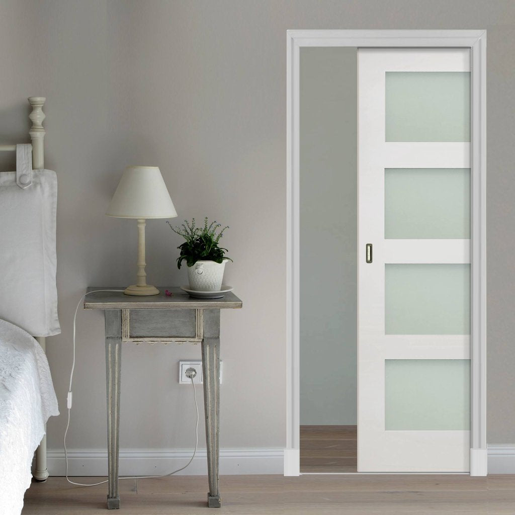 Coventry Shaker Single Evokit Pocket Door - Frosted Glass - White Primed