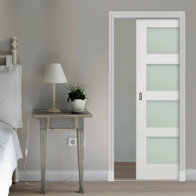 Coventry Shaker Single Evokit Pocket Door - Frosted Glass - White Primed