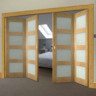 Image: Four Folding Doors & Frame Kit - Coventry Shaker Oak 2+2 - Frosted Glass - Unfinished