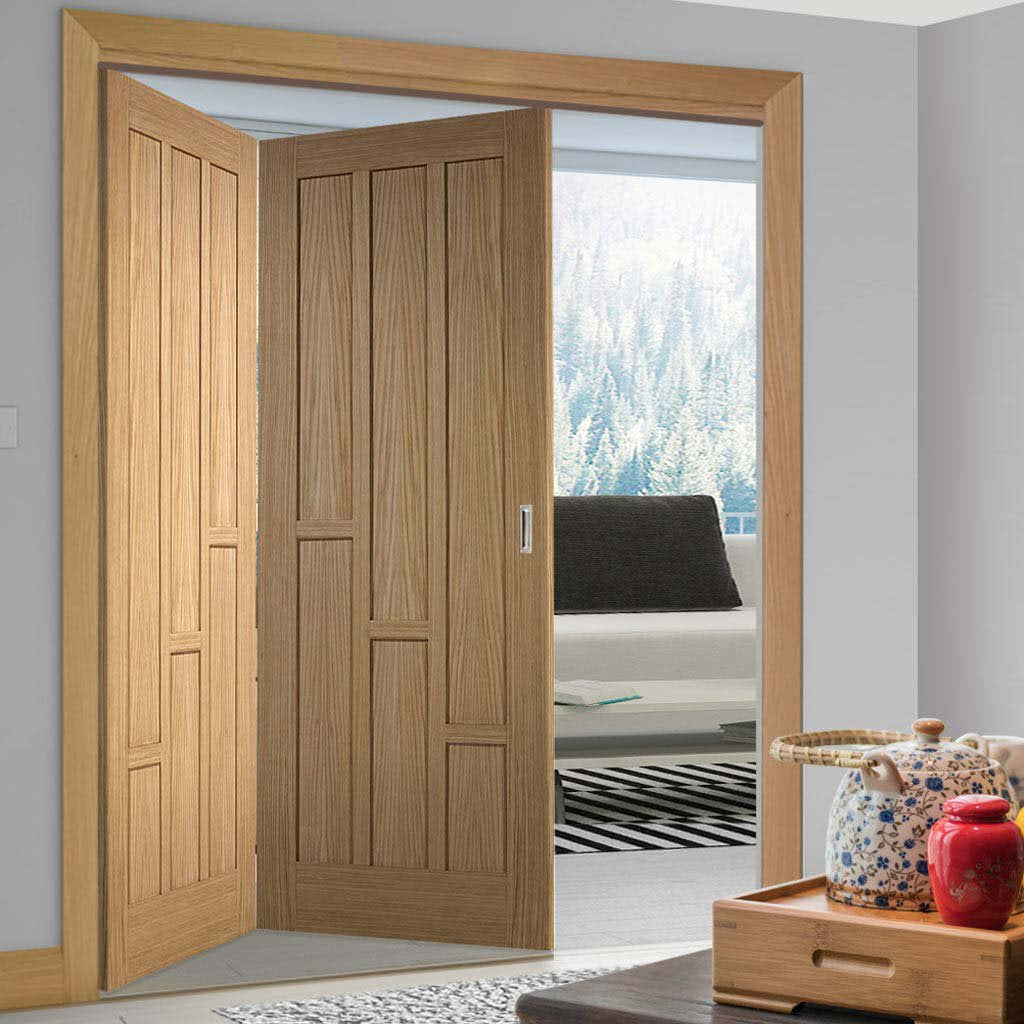 Two Folding Doors & Frame Kit - Coventry Contemporary Panel Oak 2+0 - Unfinished