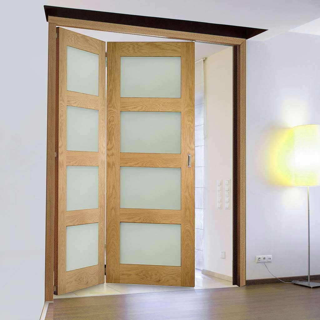 Two Folding Doors & Frame Kit - Coventry Shaker Oak 2+0 - Frosted Glass - Unfinished