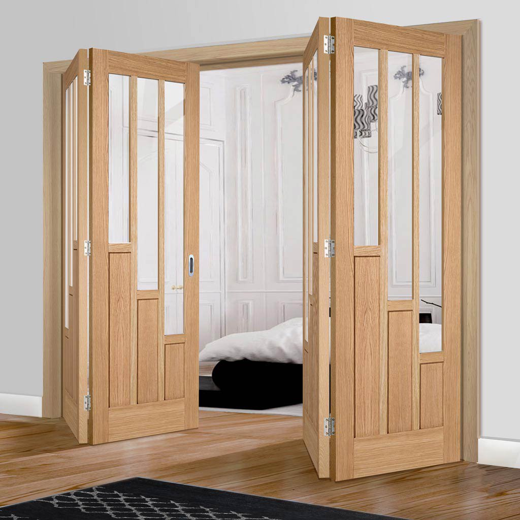 Four Folding Doors & Frame Kit - Coventry Contemporary Oak 2+2 - Clear Glass - Unfinished