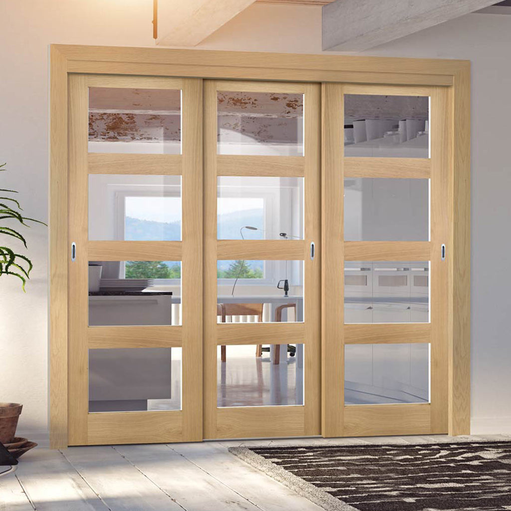 Pass-Easi Three Sliding Doors and Frame Kit - Coventry Shaker Style Oak Door - Clear Glass - Unfinished