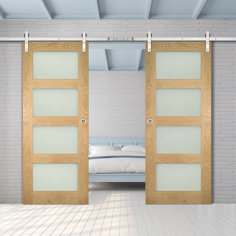 Double Sliding Door & Stainless Barn Steel Track - Coventry Shaker Style Oak Door - Frosted Safety Glass - Unfinished