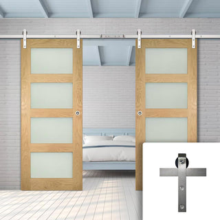 Image: Double Sliding Door & Stainless Barn Steel Track - Coventry Shaker Style Oak Door - Frosted Safety Glass - Unfinished