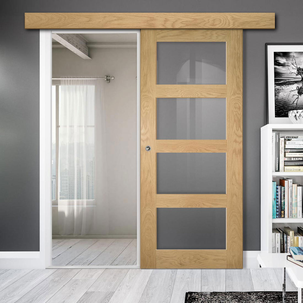Single Sliding Door & Wall Track - Coventry Oak Door - Clear Glass - Prefinished