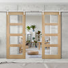 Double Sliding Door & Stainless Barn Steel Track - Coventry Shaker Style Oak Door - Clear Safety Glass - Unfinished