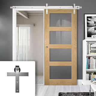 Image: Single Sliding Door & Stainless Barn Steel Track - Coventry Shaker Style Oak Door - Clear Safety Glass - Unfinished