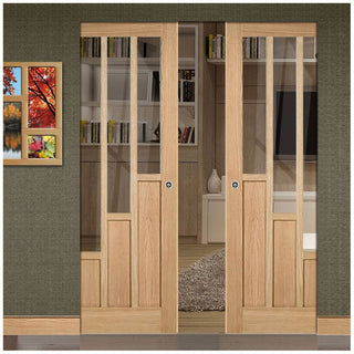 Image: Coventry Contemporary Oak Absolute Evokit Double Pocket Doors - Clear Glass