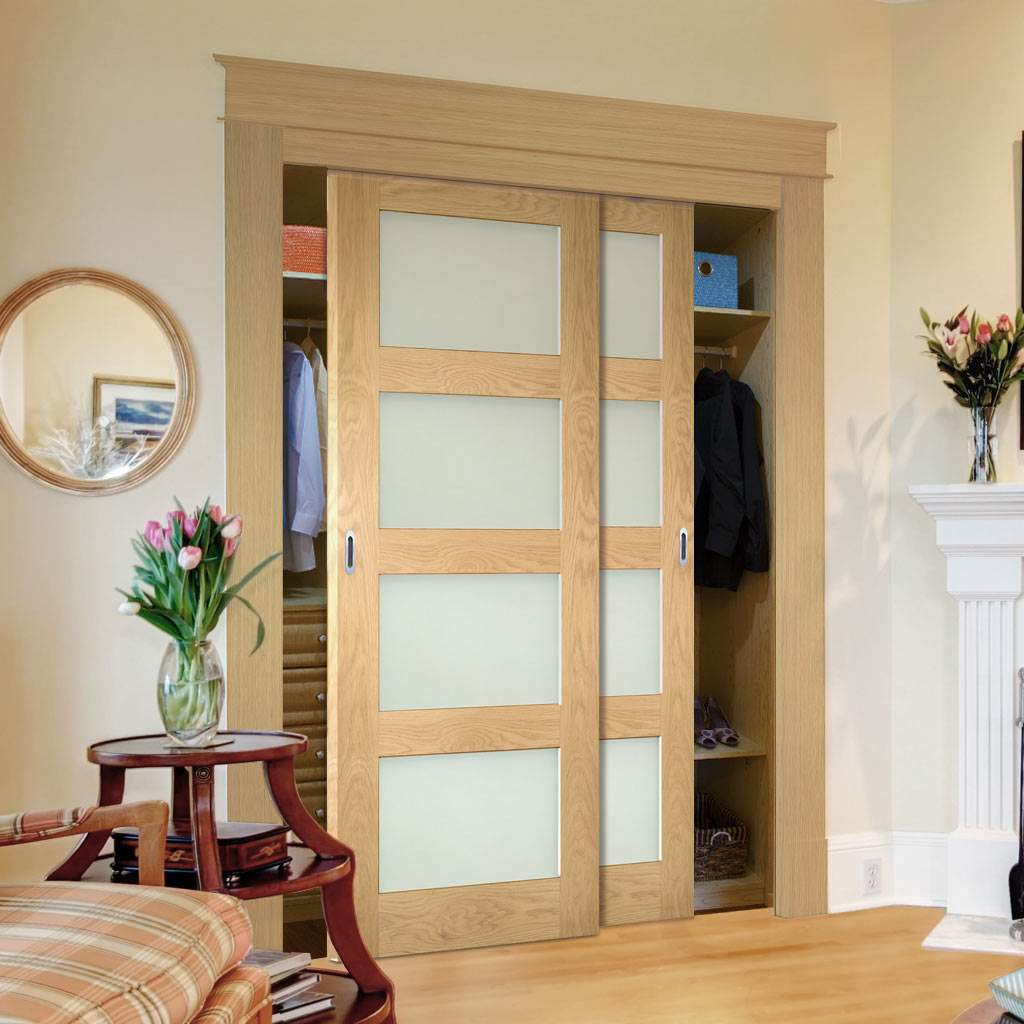 Two Sliding Maximal Wardrobe Doors & Frame Kit - Coventry Shaker Style Oak Door - Frosted Glass - Unfinished