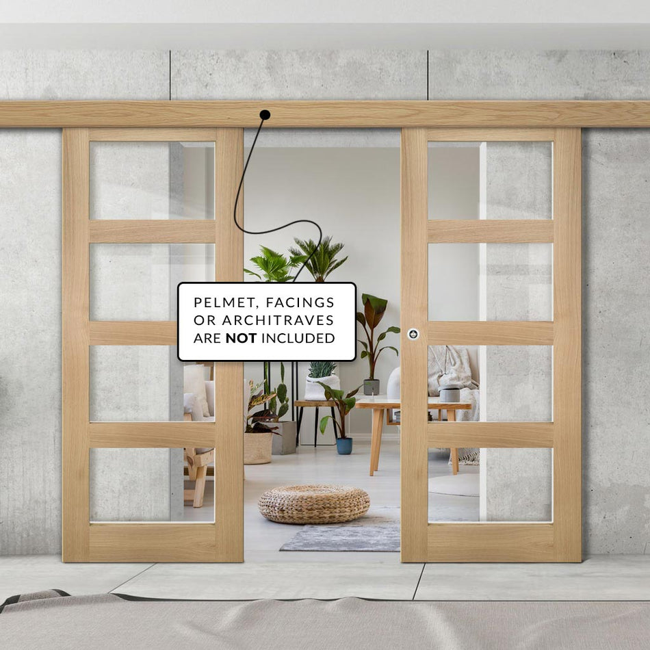 Double Sliding Door & Wall Track - Coventry Oak Door - Clear Glass - Prefinished