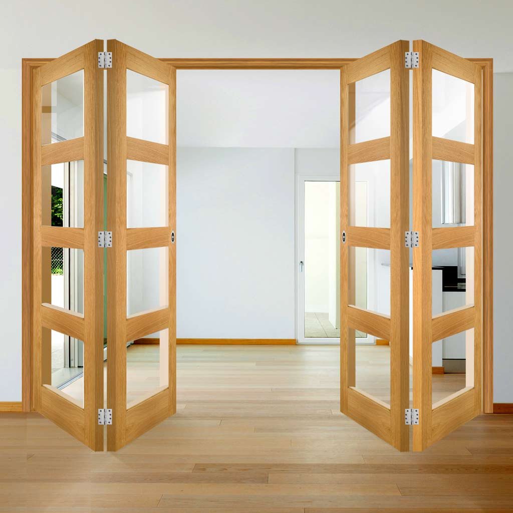 Four Folding Doors & Frame Kit - Coventry Shaker Oak 2+2 - Clear Glass - Unfinished