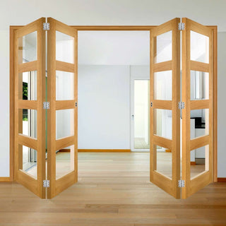 Image: Four Folding Doors & Frame Kit - Coventry Shaker Oak 2+2 - Clear Glass - Unfinished