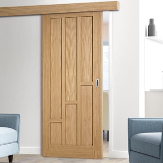 Image: Single Sliding Door & Wall Track - Coventry Contemporary Oak Panel Door - Unfinished