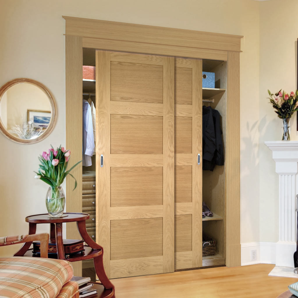 Two Sliding Maximal Wardrobe Doors & Frame Kit - Coventry Shaker Style Oak Door - Unfinished
