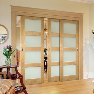 Image: Pass-Easi Three Sliding Doors and Frame Kit - Coventry Oak Door - Frosted Glass - Prefinished