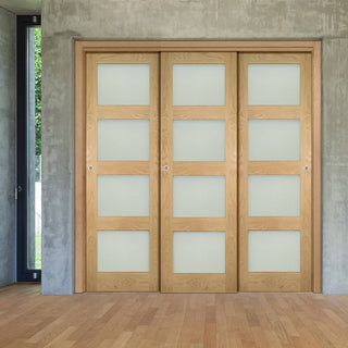 Image: Pass-Easi Three Sliding Doors and Frame Kit - Coventry Shaker Style Oak Door - Frosted Glass - Unfinished