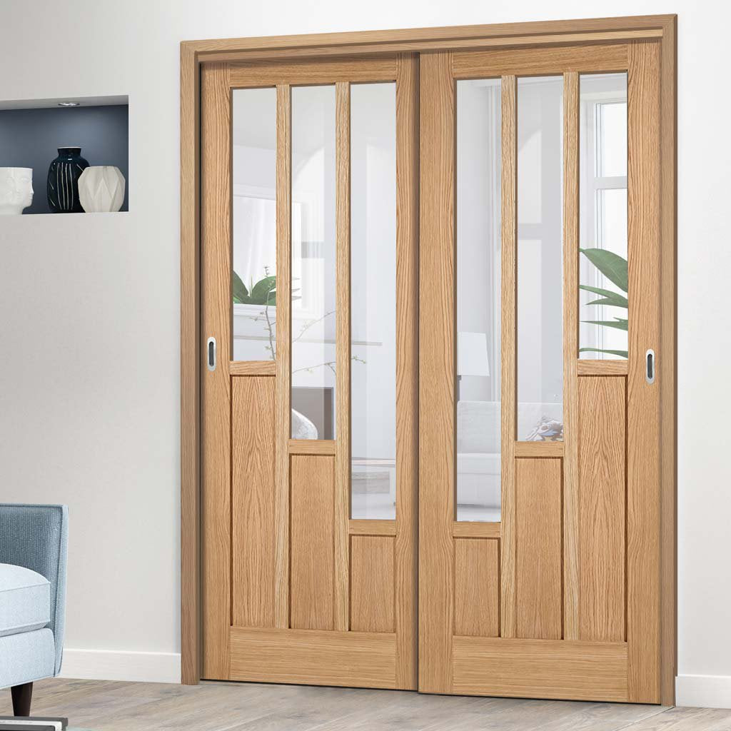 Two Sliding Doors and Frame Kit - Coventry Contemporary Oak Door - Clear Glass - Unfinished