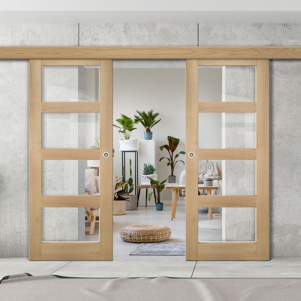 Double Sliding Door & Wall Track - Coventry Oak Door - Clear Glass - Prefinished