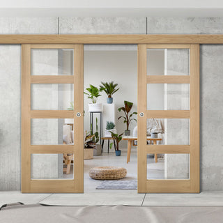 Image: Double Sliding Door & Wall Track - Coventry Oak Door - Clear Glass - Prefinished
