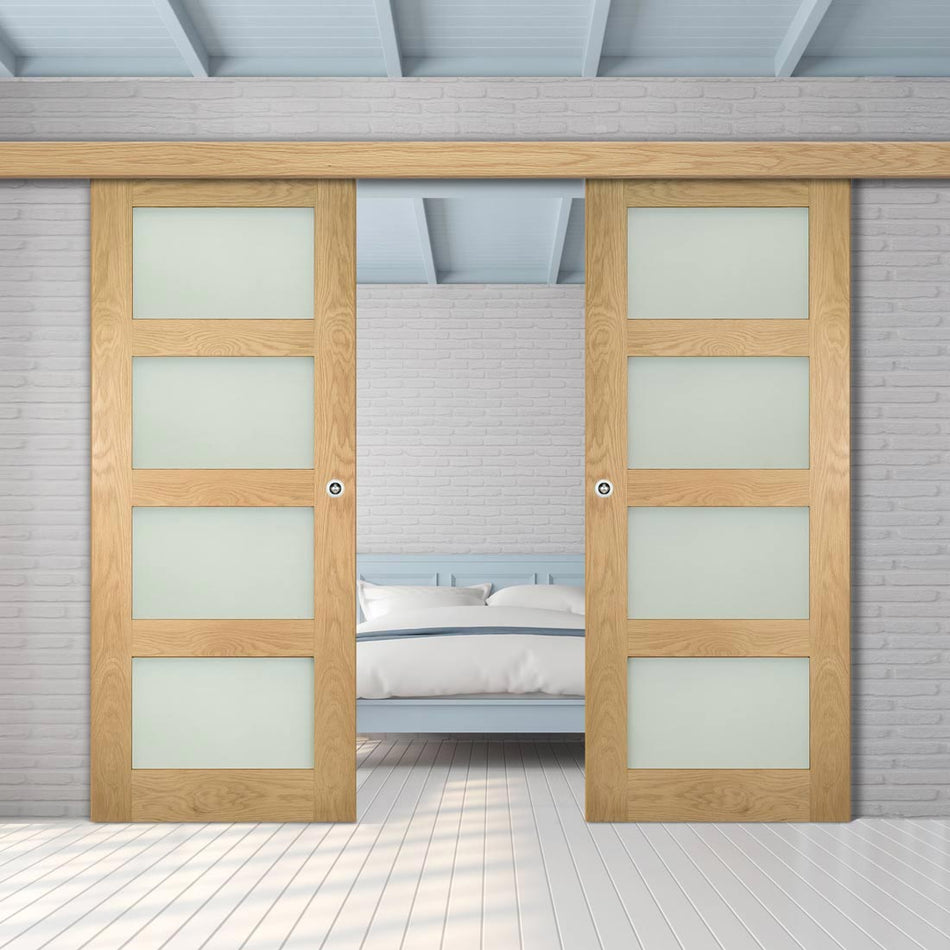 Double Sliding Door & Wall Track - Coventry Shaker Style Oak Door - Frosted Glass - Unfinished