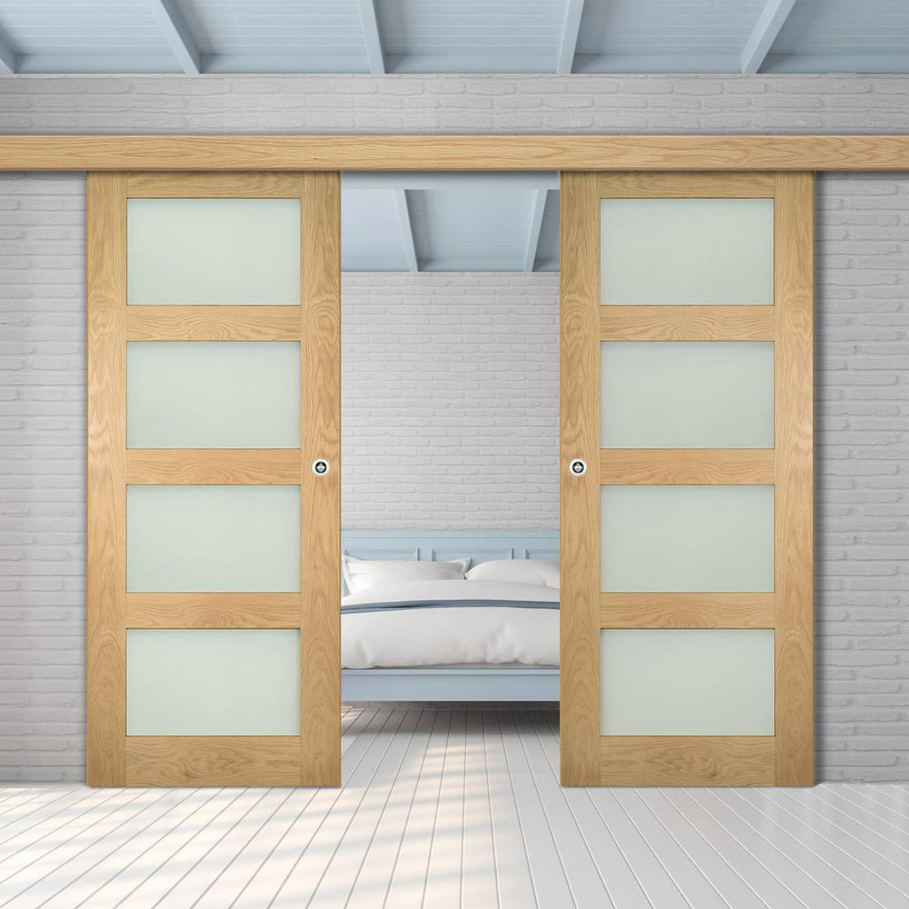 Double Sliding Door & Wall Track - Coventry Shaker Style Oak Door - Frosted Glass - Unfinished