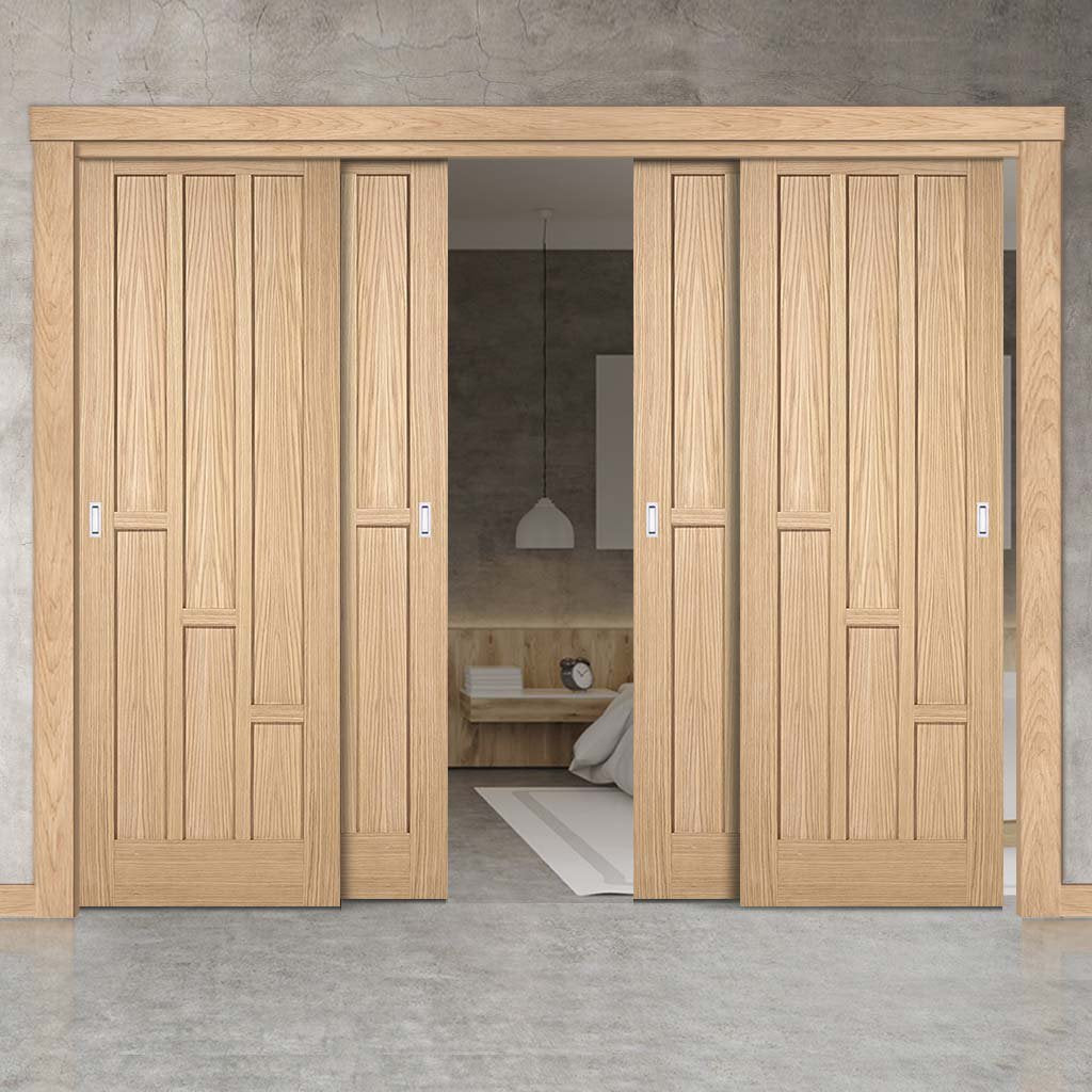 Four Sliding Doors and Frame Kit - Coventry Contemporary Oak Panel Door - Unfinished