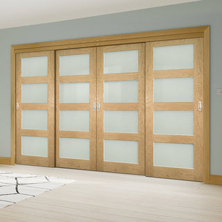 Image: Pass-Easi Four Sliding Doors and Frame Kit - Coventry Oak Door - Frosted Glass - Prefinished