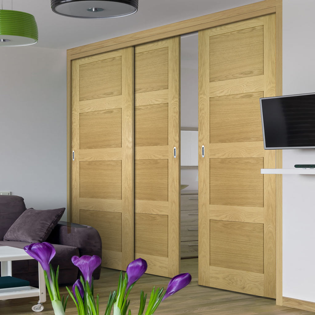 Pass-Easi Three Sliding Doors and Frame Kit - Coventry Shaker Style Oak Door - Unfinished