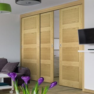 Image: Pass-Easi Three Sliding Doors and Frame Kit - Coventry Shaker Style Oak Door - Unfinished
