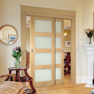 Image: Pass-Easi Two Sliding Doors and Frame Kit - Coventry Oak Door - Frosted Glass - Prefinished