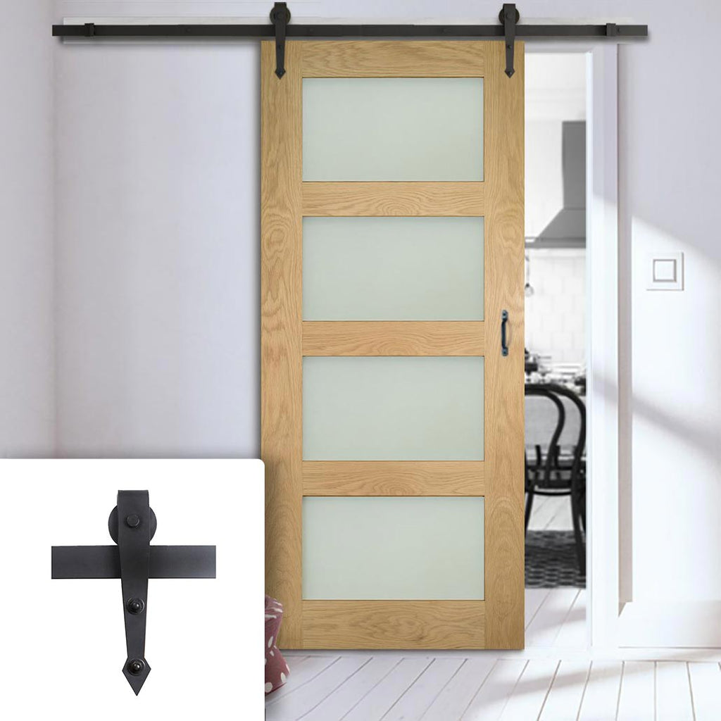 Single Sliding Door & Arrowhead Black Track - Coventry Shaker Style Oak Door - Frosted Safety Glass - Unfinished