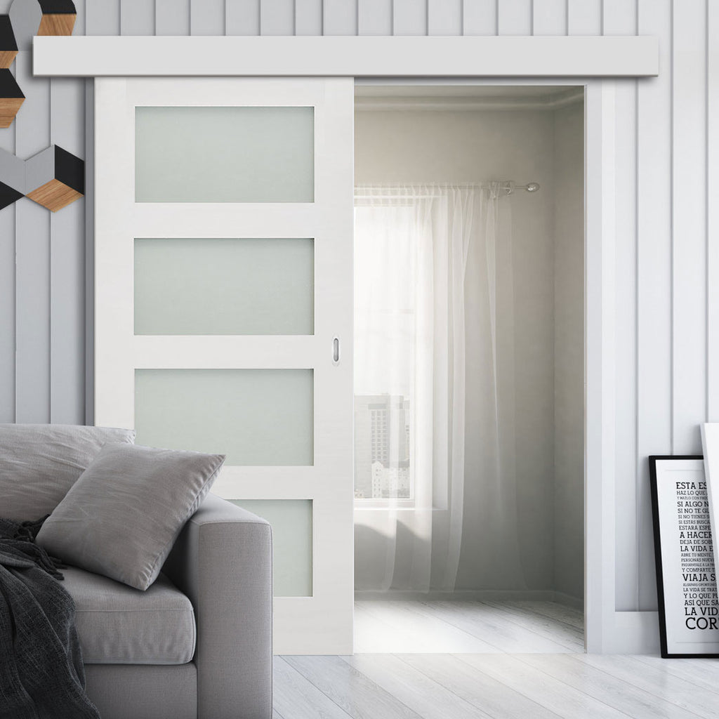 Single Sliding Door & Wall Track - Coventry White Primed Shaker Door - Frosted Glass