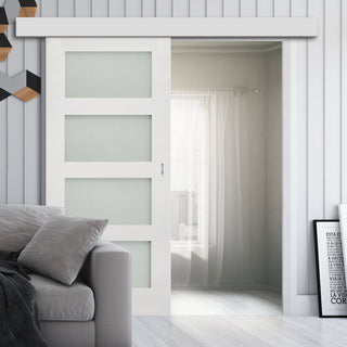 Image: Single Sliding Door & Wall Track - Coventry White Primed Shaker Door - Frosted Glass