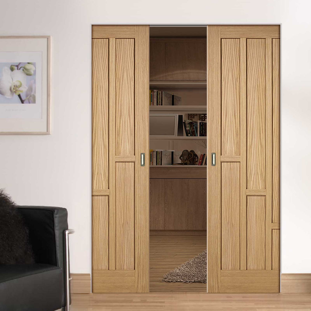 Coventry Contemporary Oak Panel Absolute Evokit Double Pocket Doors - Unfinished