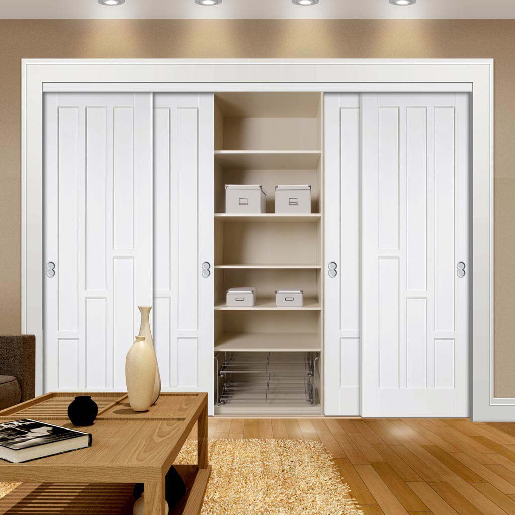 Four Sliding Wardrobe Doors & Frame Kit - Coventry Panel Door - White Primed