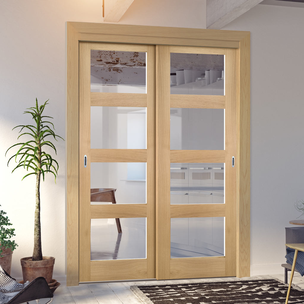Pass-Easi Two Sliding Doors and Frame Kit - Coventry Shaker Style Oak Door - Clear Glass - Unfinished
