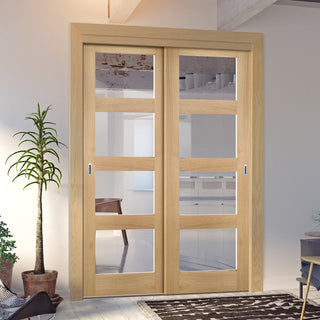 Image: Pass-Easi Two Sliding Doors and Frame Kit - Coventry Shaker Style Oak Door - Clear Glass - Unfinished