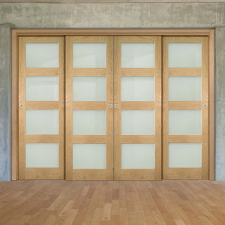 Image: Pass-Easi Four Sliding Doors and Frame Kit - Coventry Shaker Style Oak Door - Frosted Glass - Unfinished