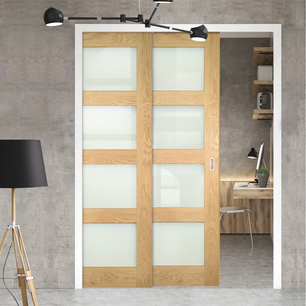 Coventry Shaker Style Oak Veneer Staffetta Twin Telescopic Pocket Doors - Frosted Glass - Unfinished