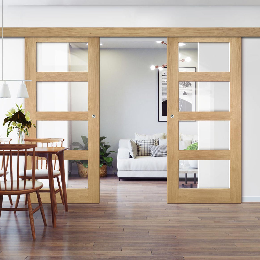 Double Sliding Door & Wall Track - Coventry Shaker Style Oak Door - Clear Glass - Unfinished