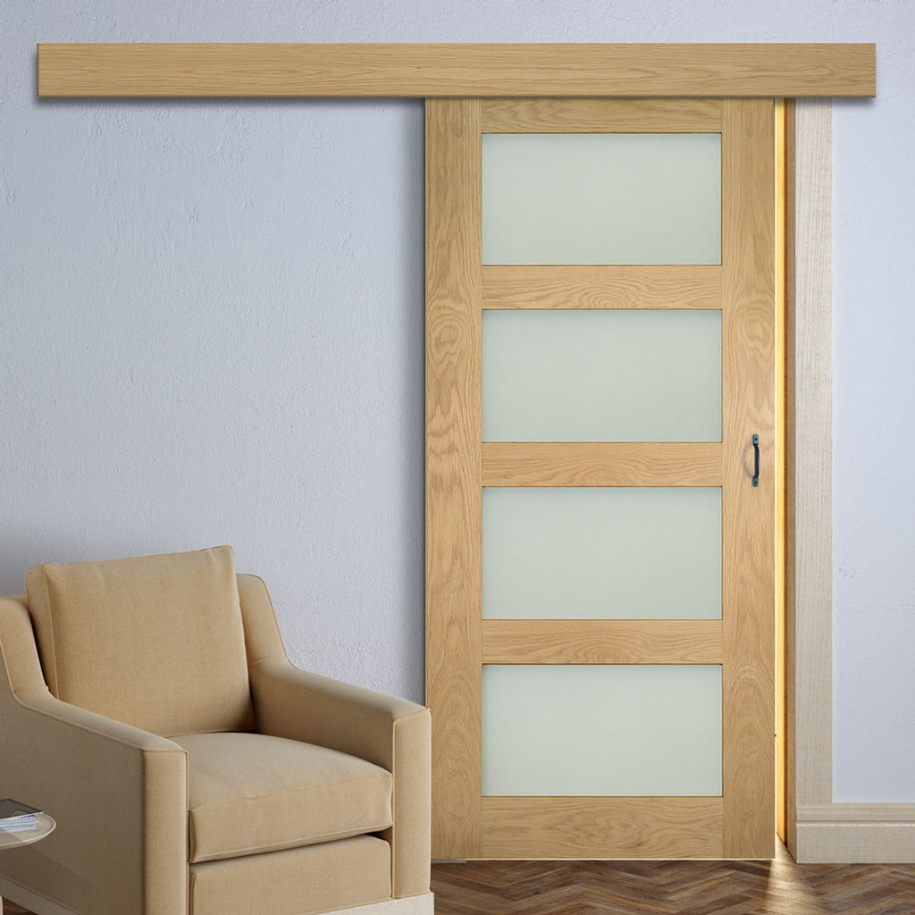 Single Sliding Door & Wall Track - Coventry Oak Door - Frosted Glass - Prefinished