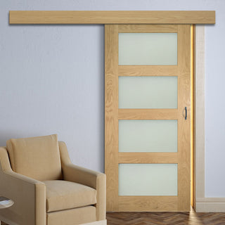 Image: Single Sliding Door & Wall Track - Coventry Shaker Style Oak Door - Frosted Glass - Unfinished
