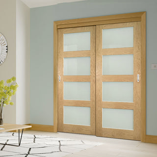 Image: Pass-Easi Two Sliding Doors and Frame Kit - Coventry Shaker Style Oak Door - Frosted Glass - Unfinished