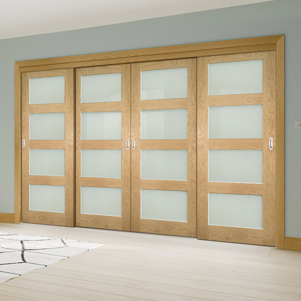 Four Sliding Maximal Wardrobe Doors & Frame Kit - Coventry Shaker Style Oak Door - Frosted Glass - Unfinished